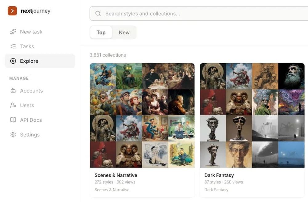 Nextjourney self-hosted Midjourney platform — Explore view showing real style collections generated with the platform