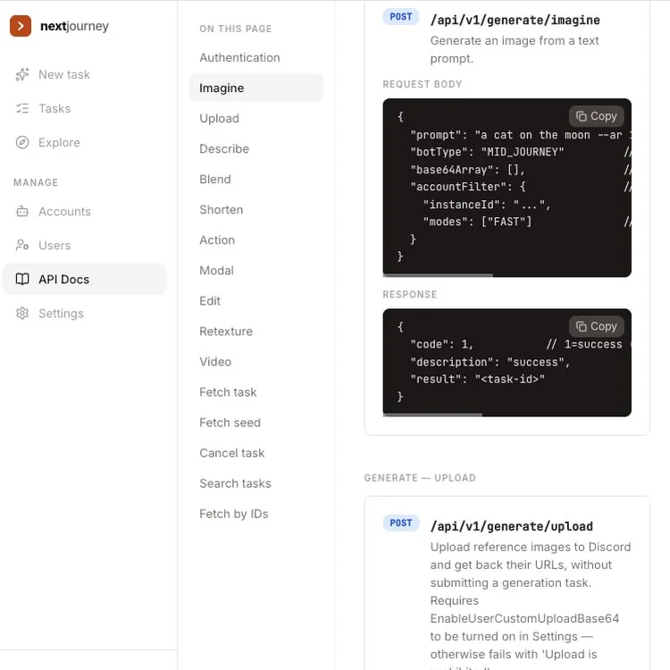Nextjourney REST API documentation showing the imagine endpoint's request and response format