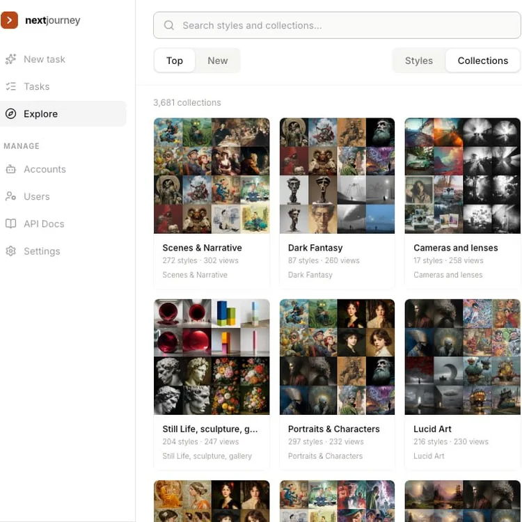 Real style collections browsable inside the Nextjourney dashboard